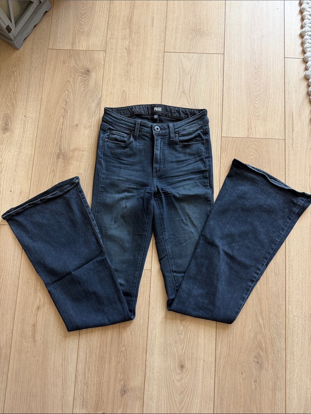 PAIGE High Rise Flare Jeans Faded Dark Wash Raw Hem Size 25